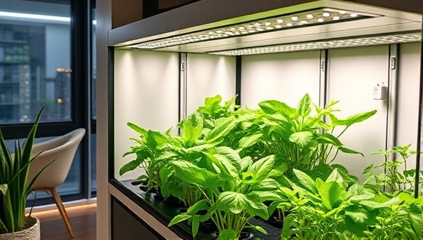 A modern, sleek indoor farming unit in a city apartment, filled with lush green vegetables growing under LED lights, showcasing a futuristic and sustainable lifestyle.