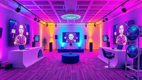 An artistic rendering of a virtual event space with interactive elements and vibrant colors, showcasing the potential for creative and engaging online gatherings through EventElevate.
