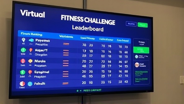An engaging visual of a virtual fitness challenge leaderboard displayed on a screen, showcasing participant rankings, achievements, and progress bars, creating a sense of competition and motivation for users.