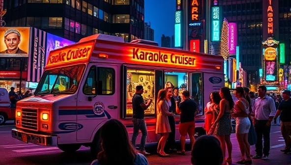 A lively image of the Karaoke Cruiser truck parked in a vibrant city setting, with a group of people gathered around a microphone, singing and dancing to their favorite tunes, surrounded by colorful lights and a festive atmosphere, capturing the energetic and social essence of the mobile karaoke experience.