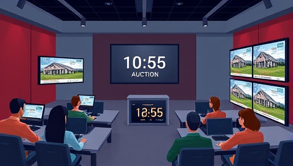 An animated graphic showing a digital auction room with virtual avatars representing bidders, a countdown clock, and property listings displayed on screens, creating a dynamic and engaging online auction atmosphere.