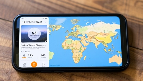 A smartphone screen displaying the FitWanderer Quest app interface with a fitness tracker, outdoor workout challenges, and a virtual map highlighting scenic workout locations around the world, inspiring users to stay active and explore new destinations while on the move.
