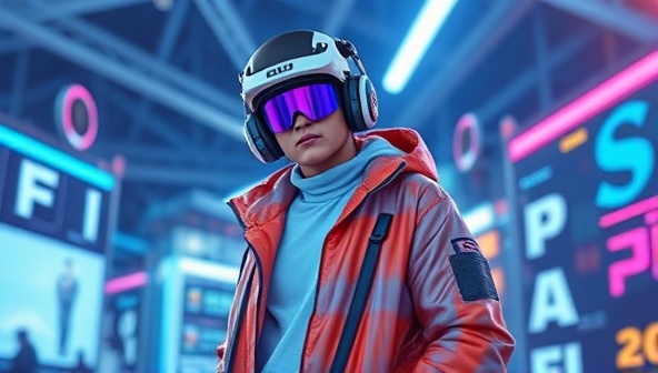 An artistic digital rendering of a futuristic virtual influencer, dressed in trendy attire and posing in a digital environment, symbolizing the cutting-edge nature of the business.