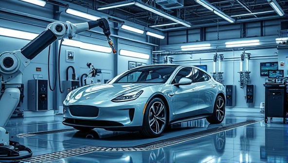 An image of a futuristic garage equipped with advanced robotic arms performing maintenance on a sleek self-driving car, highlighting the cutting-edge technology and precision of the service.