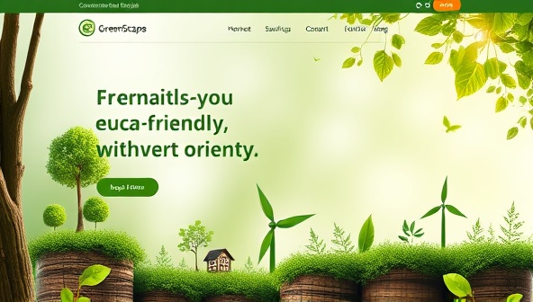 An eco-friendly website design concept featuring natural elements like trees, leaves, and renewable energy symbols integrated into the layout, showcasing a harmonious blend of sustainability and aesthetics in web design, symbolizing the essence of GreenScape Designs.