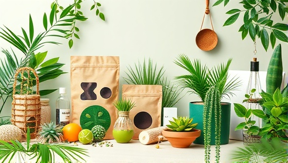 An eco-friendly and visually appealing image showcasing a collection of sustainable products and upcycled goods, set against a backdrop of lush greenery and natural elements, illustrating the eco-friendly lifestyle and green initiatives promoted by the platform in a vibrant and engaging manner.