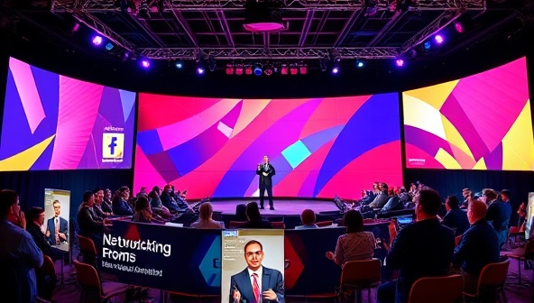 A vibrant virtual event stage setup featuring a keynote speaker engaging with a diverse virtual audience, interactive event booths, networking lounges, and live polls, creating a dynamic and immersive virtual event environment that fosters collaboration and engagement among participants.