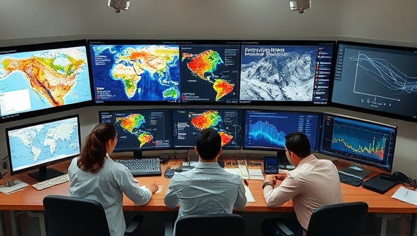 An AI-powered workstation with screens displaying geological maps, mineral prediction models, and exploration data visualizations, with scientists and geologists collaborating with AI algorithms to identify promising mineral deposits, illustrating the cutting-edge technology of MinerAI Discoveries in mineral exploration.