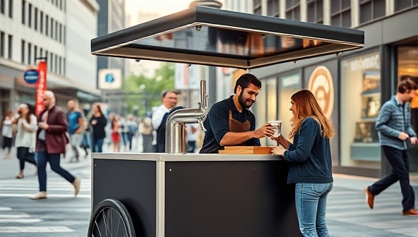 A sleek and compact coffee cart setup on a bustling street corner, featuring a shiny nitro coffee tap and a friendly barista serving customers with stylish branded cups, exuding a trendy and dynamic coffee culture vibe.