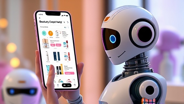 An artistic representation of a virtual chatbot with a beauty-themed interface, showcasing various skincare and makeup products, engaging with a user on a smartphone screen, illustrating the convenience and personalization of the service.