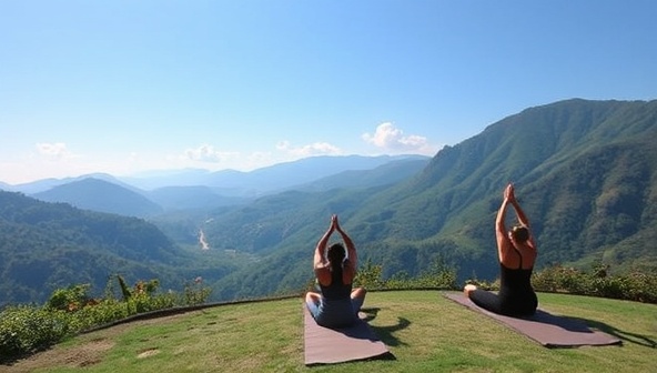 An idyllic image of a tranquil yoga retreat setting amidst nature, featuring serene landscapes, individuals practicing yoga poses, and a peaceful ambiance that embodies the essence of mindfulness and relaxation offered by ZenVenture Escapes.