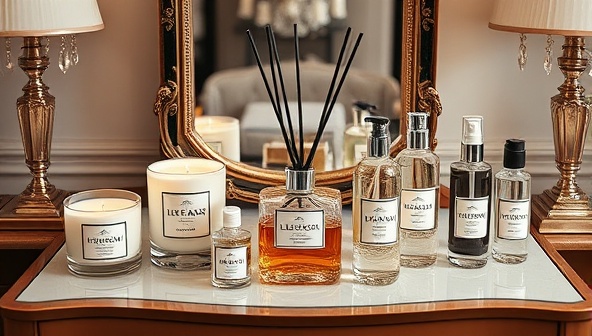 An elegant display of personalized home fragrance products, including custom-scented candles, reed diffusers with stylish labels, and room sprays in chic bottles, arranged on a luxurious vanity table, creating a sensory and visually pleasing atmosphere, highlighting the allure of personalized scents in home decor.