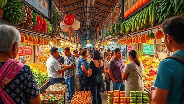 An immersive virtual tour experience showcasing a bustling food market scene with vibrant colors, exotic foods, and a diverse group of participants interacting with a local guide, capturing the essence of cultural exploration and culinary discovery.