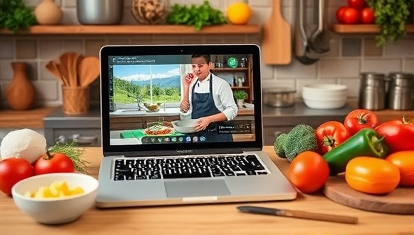 A vibrant kitchen setting with fresh ingredients, cooking utensils, and a laptop showing a live cooking class, featuring a chef demonstrating a recipe with enthusiasm and expertise.