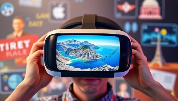 An engaging VR headset displaying a stunning virtual travel destination, surrounded by digital elements representing different cultural experiences, inviting users to embark on a virtual journey with VR Globetrotter.