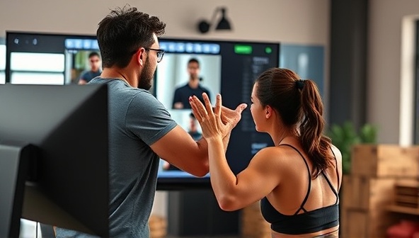 A dynamic image of a fitness coach leading an online workout session, interacting with clients through a screen, displaying energy and motivation in a virtual training environment.