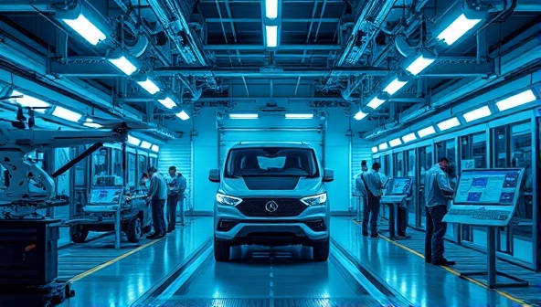 An engaging visual of a state-of-the-art repair facility equipped with advanced robotics and diagnostic tools, with technicians working on autonomous vehicles and drones, demonstrating the cutting-edge capabilities of AutoTech Autonomy Hub in servicing next-generation transportation technologies.