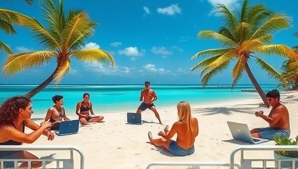 An exotic beach setting with a group of digital nomads engaging in a fitness class led by a professional trainer, surrounded by palm trees, crystal-clear waters, and laptops indicating a blend of work and wellness at a NomadFit Escapes retreat, showcasing the active and rejuvenating experience for remote professionals.