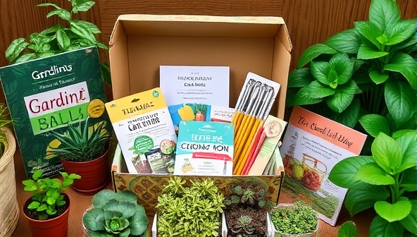 An inviting and educational scene featuring a colorful subscription box filled with seeds, tools, and educational materials, surrounded by green plants and gardening books, evoking a sense of discovery and learning.
