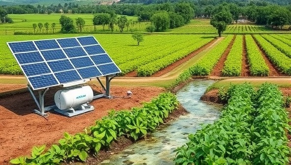 An agricultural landscape with solar panels powering a water purification system, efficiently transforming murky water into crystal-clear streams flowing into lush fields, symbolizing the sustainable and transformative impact of SunDrop AquaTech on farming practices.