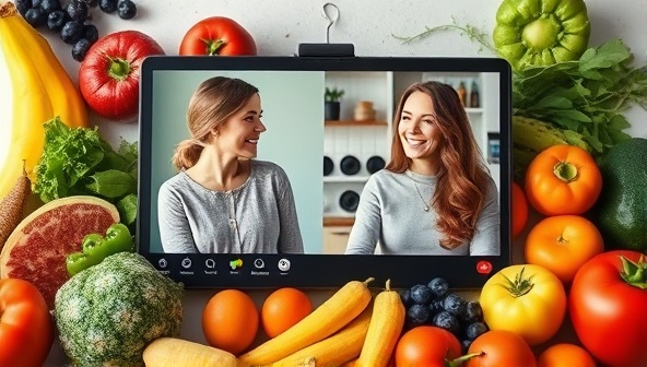 An artistic representation of a virtual nutrition coaching session, with a coach and client discussing meal plans and nutritional strategies on a virtual call, surrounded by colorful fruits and vegetables, conveying health and vitality.