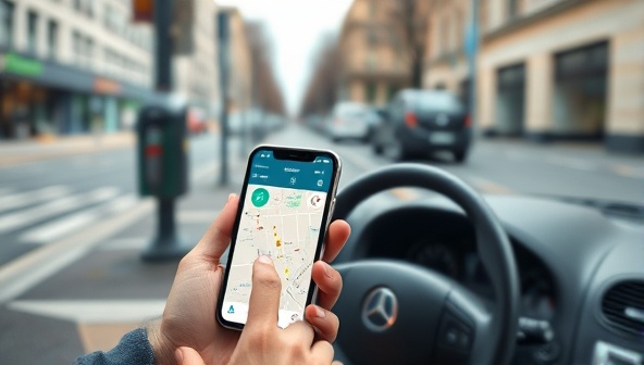 An urban street scene depicting a driver using the app on a smartphone to reserve a parking spot, with a digital map showing available spaces nearby, a parking meter in the background, and a clear and user-friendly interface displayed on the phone screen, illustrating the simplicity and efficiency of the parking reservation process.