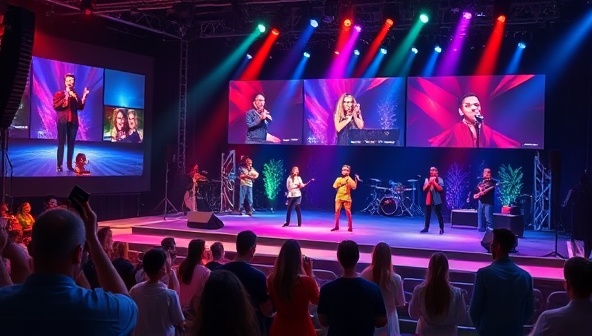 An online talent showcase with vibrant virtual stages, diverse performers showcasing their talents through videos and live streams, and an engaged audience interacting with the platform's features, capturing the essence of virtual talent discovery.