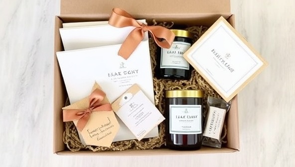 A beautifully crafted gift box with customized stationery, artisanal candles, and curated treats, elegantly wrapped with a ribbon and personalized tag, evoking a sense of warmth and thoughtfulness in gifting.