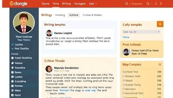 An online writing community interface displaying user profiles, writing samples, critique threads, and engagement statistics, creating an interactive and collaborative platform for writers to exchange feedback and support each other's creative endeavors.