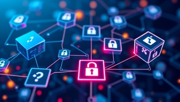 An abstract visual representation of the MediChain Trace blockchain system, featuring interconnected blocks representing secure data nodes, encrypted drug supply chain pathways, and digital lock symbols, symbolizing transparency, security, and trust in pharmaceutical traceability processes.