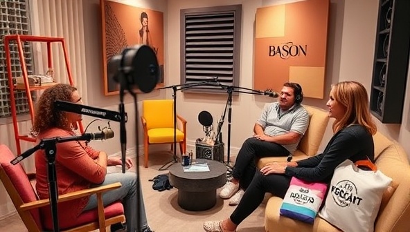 A modern podcast studio setup with professional recording equipment, soundproofing panels, and cozy seating for podcast guests, a host recording a beauty podcast episode with a guest expert, colorful mic covers and branded podcast merchandise on display, creating a vibrant and inviting atmosphere for creative discussions and content creation.