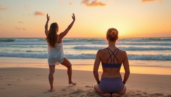 A wellness coach providing virtual guidance to a traveler practicing yoga on a serene beach, surrounded by calming ocean waves and a picturesque sunset, embodying relaxation, balance, and holistic well-being during travel.