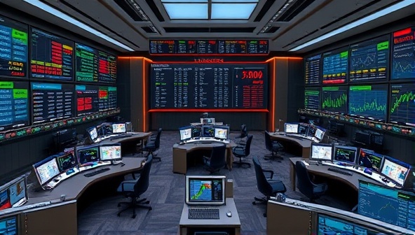 A virtual trading floor environment with digital stock tickers, graphs, and trading terminals, where players are actively making investment decisions and analyzing market trends, with a leaderboard displaying top traders and virtual rewards, creating a dynamic and immersive stock trading simulation experience.