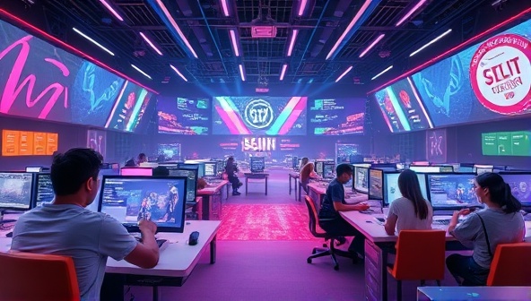 An immersive virtual game environment with designers competing in design challenges, creating digital masterpieces, receiving virtual rewards, and interacting with a diverse community of creatives, fostering collaboration and friendly competition.
