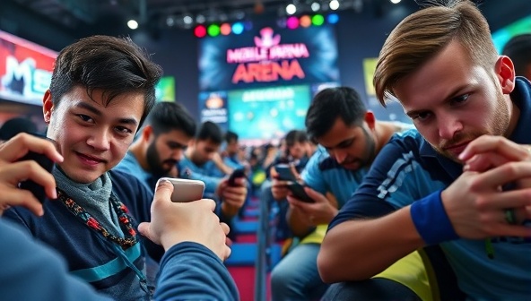 An action-packed image showcasing mobile gamers competing in a tournament on their smartphones, with intense expressions and competitive gameplay visible on their screens, surrounded by a digital arena backdrop, capturing the excitement and competitiveness of MobileArena eSports tournaments.