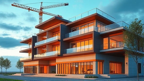 A stunning 3D visualization of a modern architectural project, featuring detailed building elements, realistic textures, and natural lighting effects, highlighting the studio's expertise in creating immersive construction project visualizations.