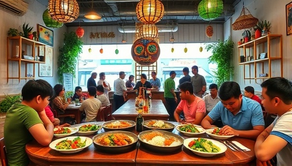 A vibrant cafe setting with colorful fusion dishes, exotic decor elements, and a diverse group of patrons enjoying a culinary journey around the world, capturing the essence of cultural fusion, creativity, and communal dining experiences.