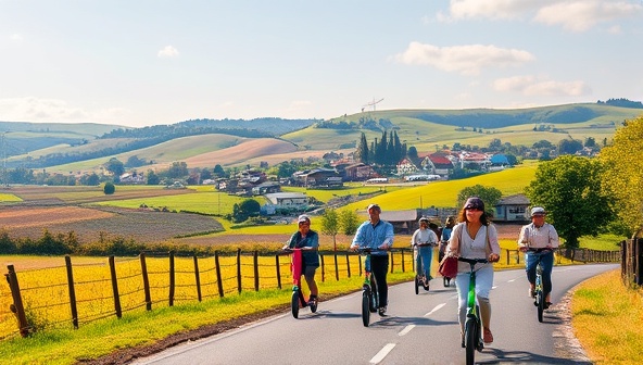 A picturesque rural landscape with rolling hills and a small town in the background, featuring a group of diverse individuals happily riding electric scooters along a scenic country road, symbolizing sustainable mobility and community connectivity.