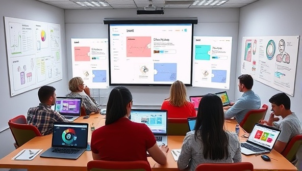 A virtual workshop setting with diverse participants engaged in designing websites on their laptops, surrounded by colorful design sketches and digital wireframes, depicting a collaborative and creative learning environment.