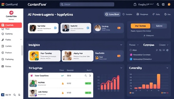 An intuitive and user-friendly dashboard displaying the ContentFlow AI platform, with AI-powered content suggestions, scheduling options, and analytics insights, showcasing the seamless integration of AI technology in social media management for efficient and effective content planning.