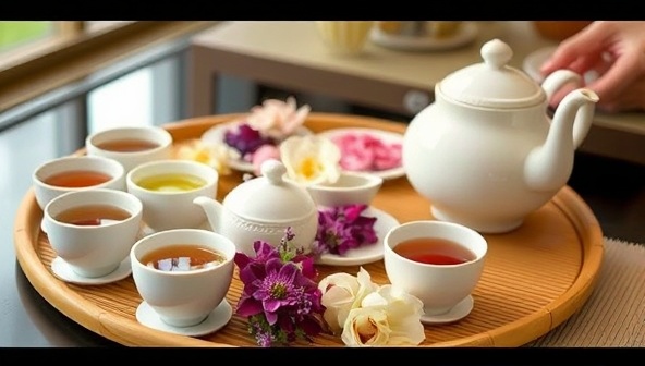An elegant tea ceremony setting with a variety of tea cups, teapots, and blooming tea flowers arranged on a bamboo tray, creating a serene and inviting atmosphere for a tea tasting journey that celebrates the art of tea culture and appreciation.