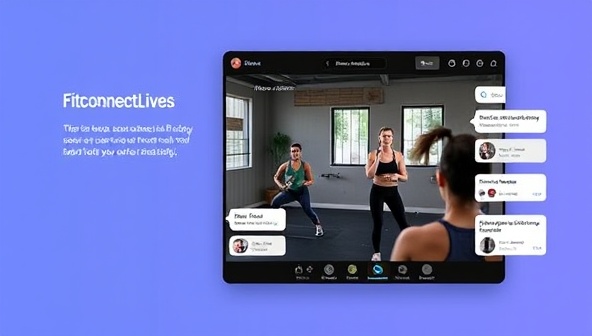 An engaging visual of FitConnectLive's virtual group fitness class platform featuring a live instructor leading a dynamic workout session with participants joining from various locations, interactive chat features, and real-time feedback, showcasing the inclusive and energetic atmosphere of the virtual fitness community.