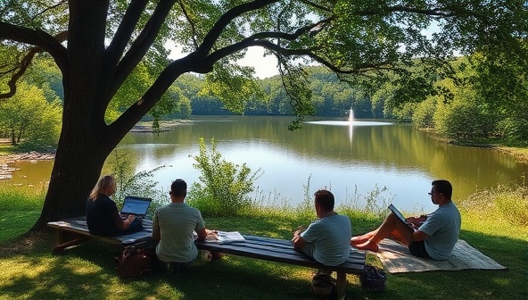 A serene writing retreat setting overlooking a tranquil lake surrounded by lush greenery, with writers immersed in their craft under the shade of a tree, notebooks and laptops open, capturing the essence of peaceful creativity and natural inspiration.