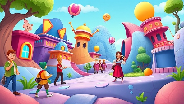 An imaginative and colorful digital world featuring avatars of users navigating through design challenges and quests, earning rewards and badges in a visually engaging and gamified environment, symbolizing the interactive and creative learning experience offered by DesignQuest Academy.