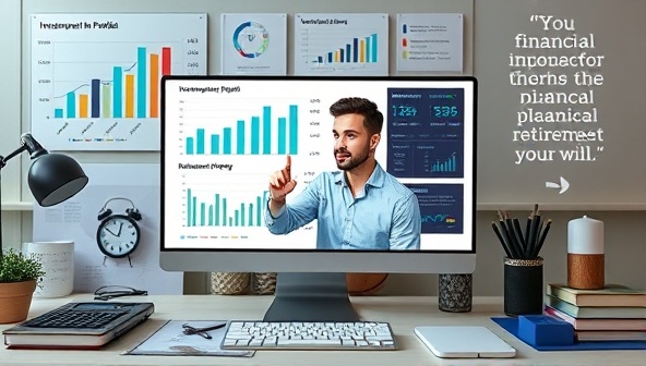 A virtual financial planning session with a millennial financial expert discussing investment portfolios and retirement planning on a computer screen, surrounded by financial charts, calculators, and motivational quotes, conveying financial empowerment and growth.