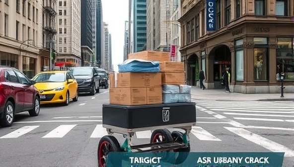 An urban scene featuring a compact cargo cart loaded with packages, maneuvering through bustling city streets, illustrating the convenience and practicality of urban cargo cart rentals.