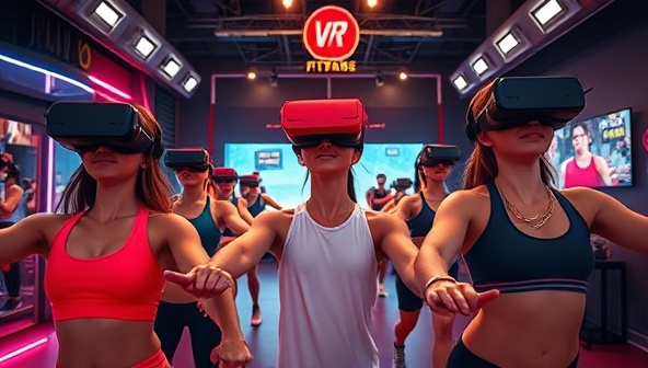 An immersive image of individuals wearing VR headsets and engaging in virtual fitness challenges within the VR FitZone platform, surrounded by futuristic workout environments and interactive fitness elements, showcasing the blend of technology and exercise for an exciting fitness experience.