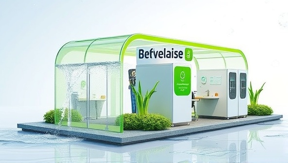 An artistic render of GreenWave Wash showcasing the water recycling system in action, with vibrant green accents symbolizing sustainability and eco-friendliness.