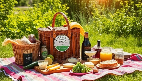 A picturesque outdoor setting with a beautifully arranged Green Picnic Co. setup featuring a sustainable picnic basket filled with fresh local produce, artisanal cheeses, and eco-friendly dining ware spread on a vibrant organic blanket, surrounded by lush greenery and the sun shining overhead, encapsulating the essence of a green and eco-friendly picnic experience.