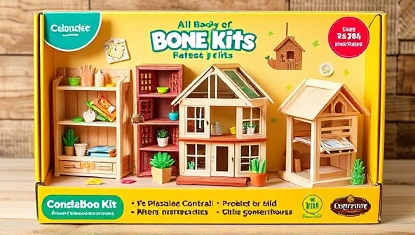 An inviting box design featuring a variety of construction project kits, such as a wooden bookshelf, a mini greenhouse, and a birdhouse, with vibrant colors and a 